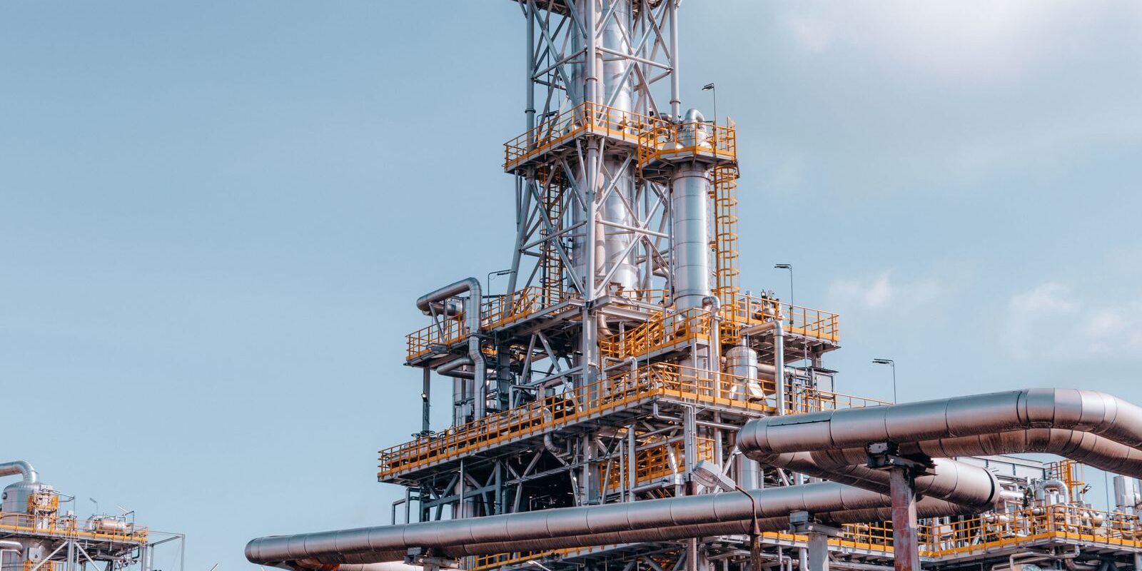 View of a large oil refinery plant with intricate pipelines in Trzebinia, Poland.